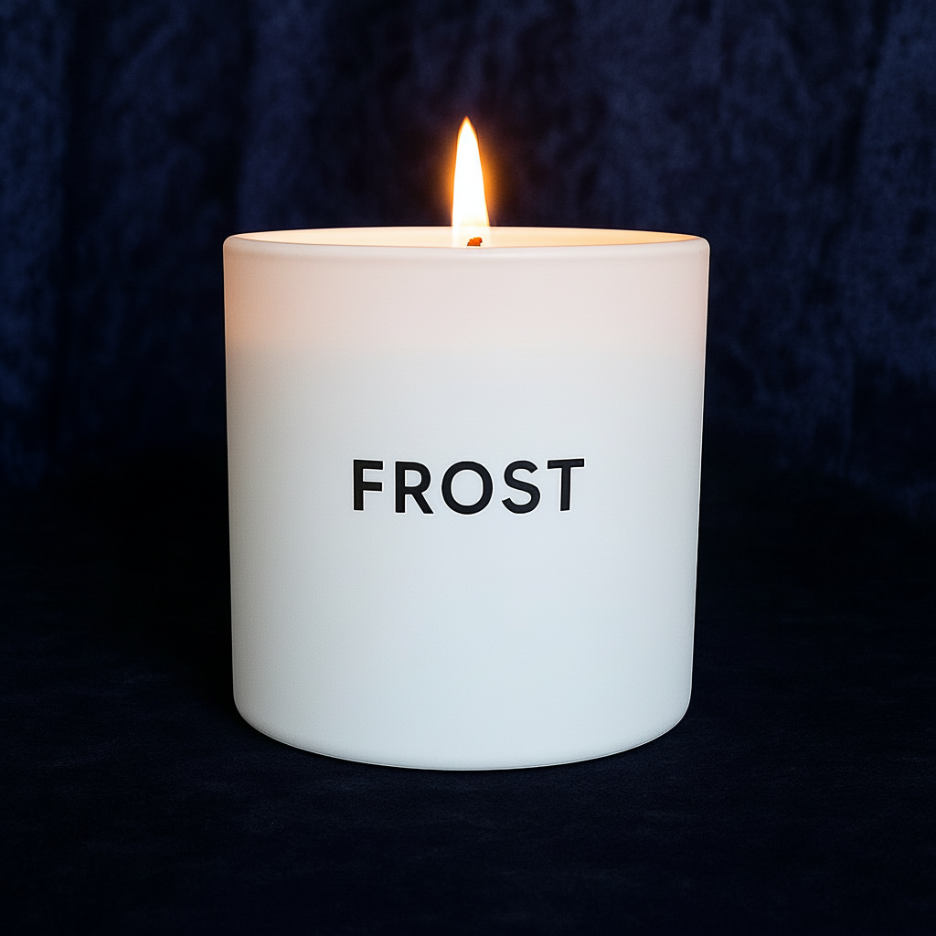 White candle container with 'FROST' text on a dark background
