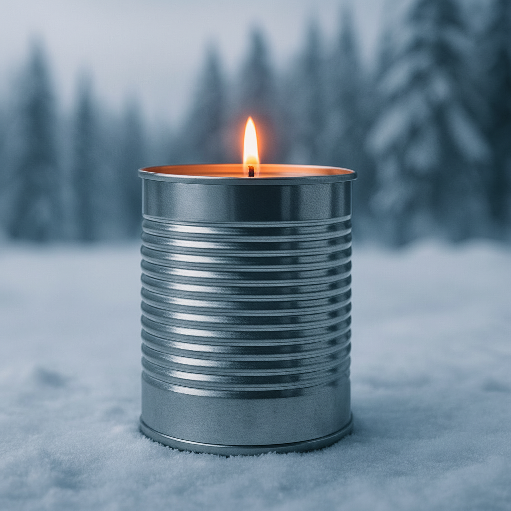 Metal candle in the snow with a blurred forest background